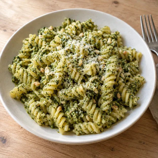 Fusilli met groene basilicumpesto en fijn geraspte harde kaas