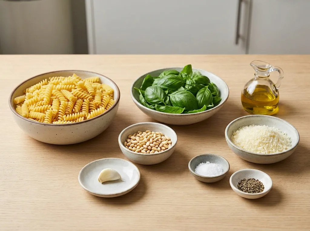 Fusilli, basilicum, pijnboompitten, knoflook, olijfolie, kaas, zout en peper