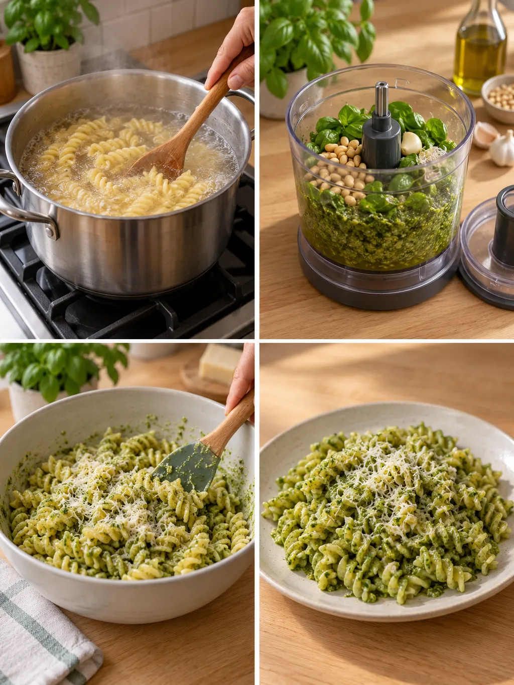 Fusilli koken, basilicumpesto malen, pasta mengen en het afgewerkte bord