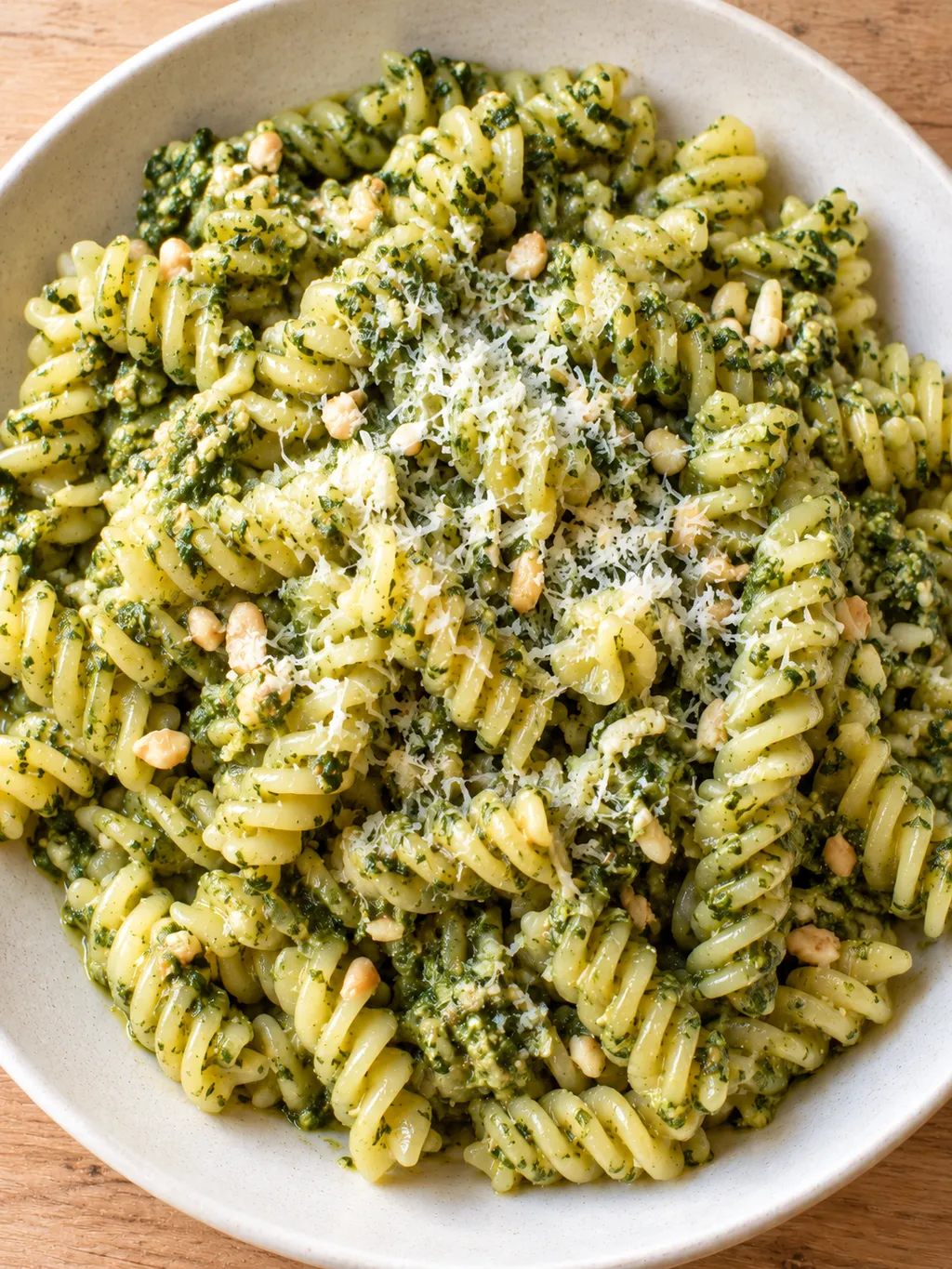 Fusilli met basilicumpesto, kleine stukjes pijnboompit en geraspte kaas