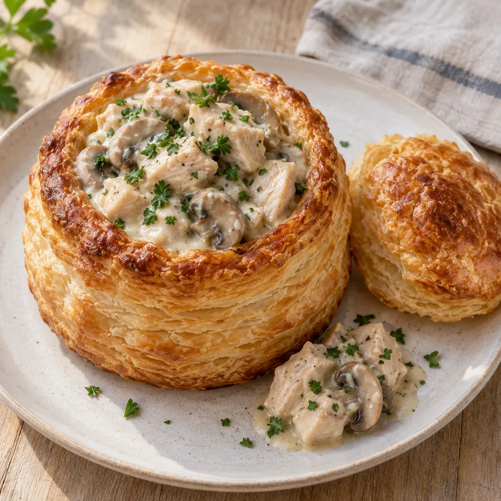 Goudbruin pasteitje met kippenragout, champignons en peterselie