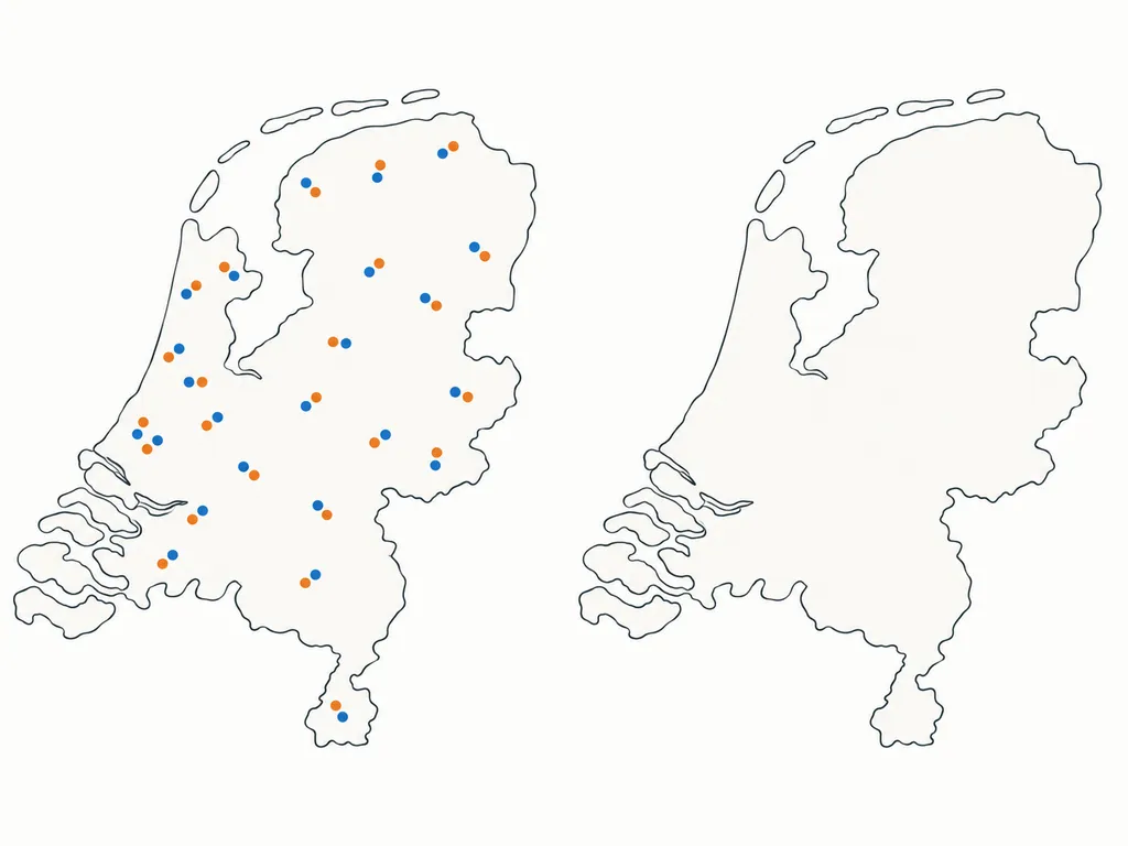 Schematische illustratie van een Nederlandse landscontour met twee kleuren stippen naast een lege contour.