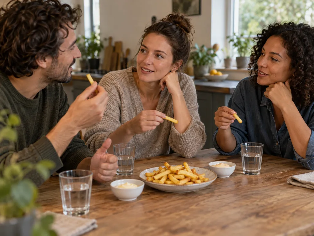 Drie volwassenen praten aan een keukentafel met aardappelstaafjes en twee schaaltjes lichte saus.