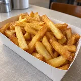 Een wit kartonnen bakje met goudgele gefrituurde aardappelstaafjes op een snackbartafel.