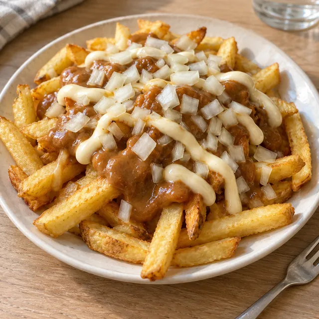 Patatje oorlog met goudgele friet, pindasaus, mayonaise en rauwe uitjes