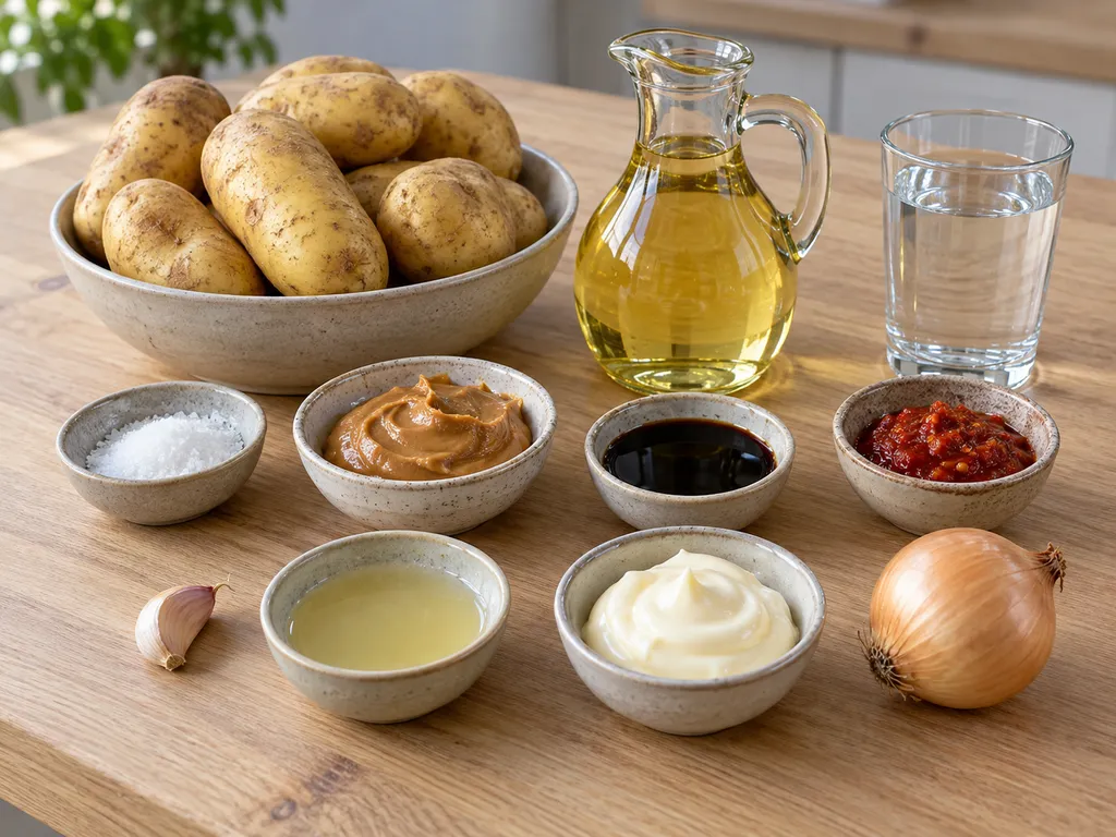 Aardappelen, pindakaas, ketjap, mayonaise en overige ingrediënten voor patatje oorlog