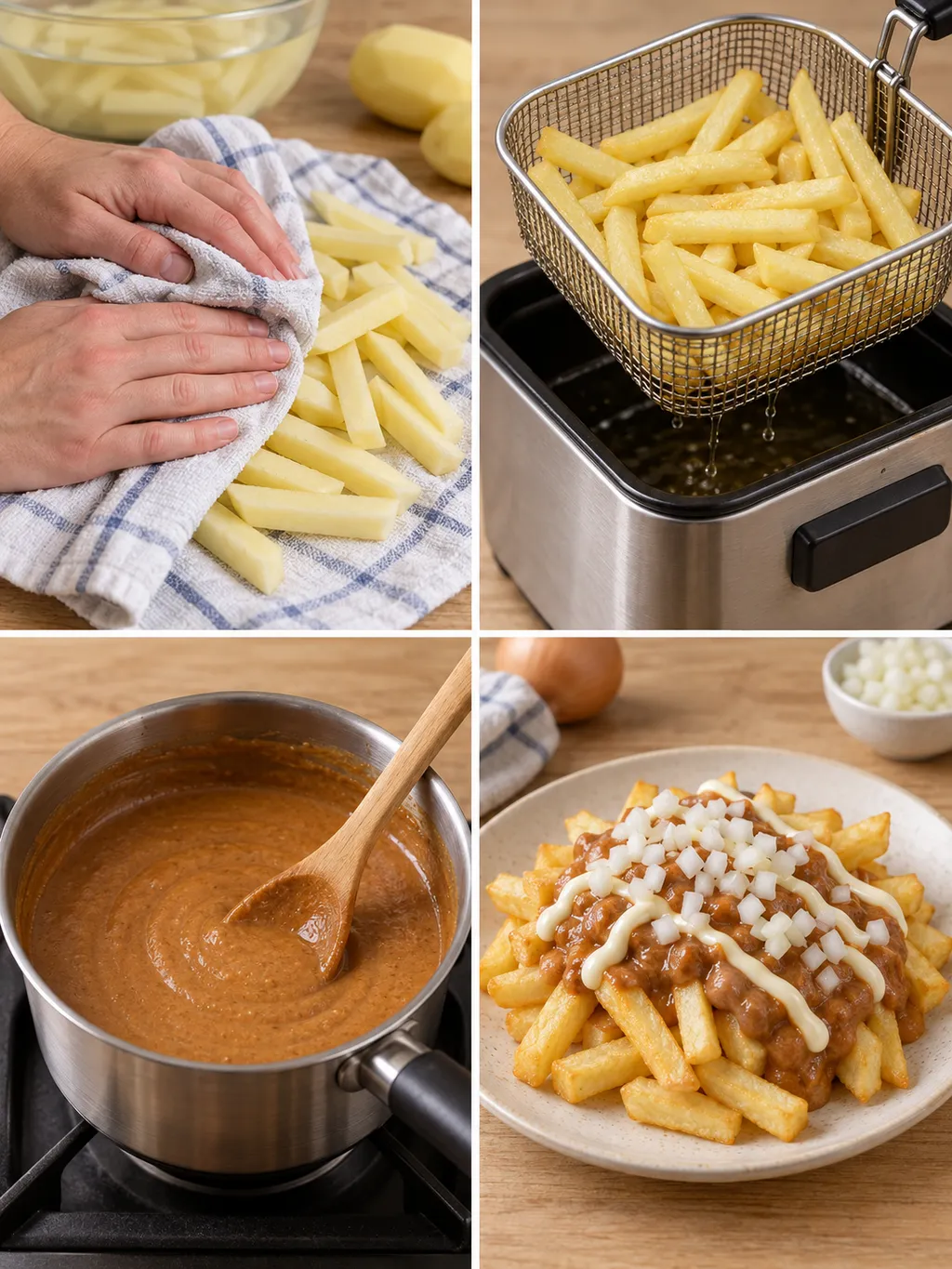 Friet drogen en voorbakken, pindasaus roeren en patatje oorlog met uitjes serveren