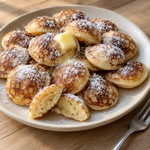 Goudbruine poffertjes met smeltende roomboter en een dun laagje poedersuiker