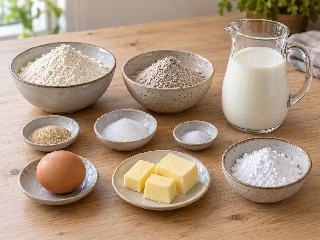 Bloem, boekweitmeel, gist, melk, ei, boter, zout en twee soorten suiker voor poffertjes