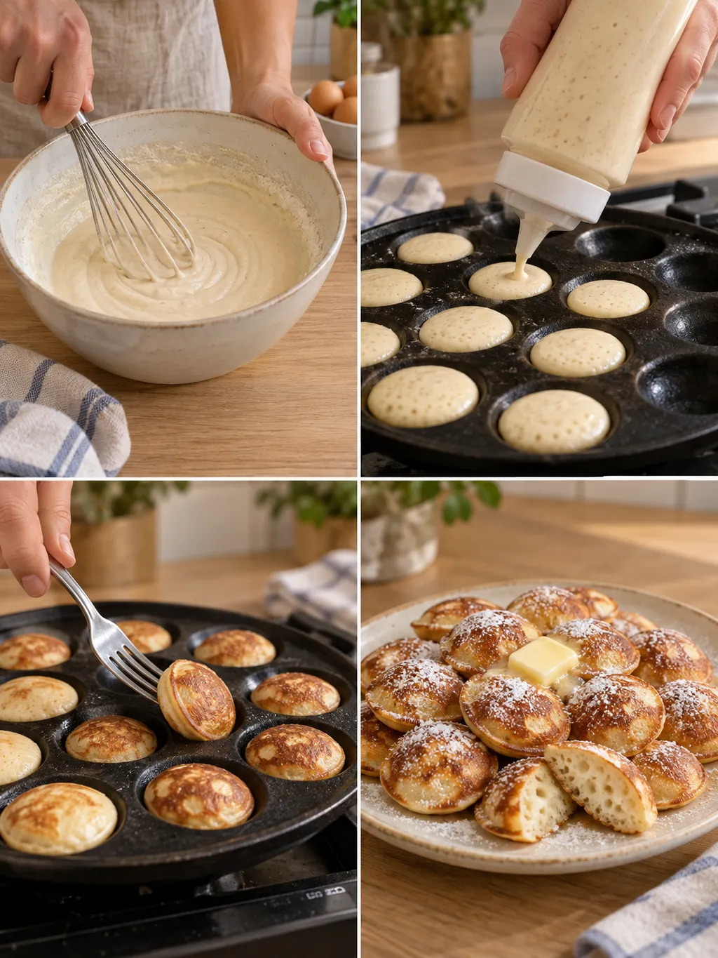 Poffertjesbeslag mengen, kuiltjes vullen, poffertjes keren en serveren met boter en suiker