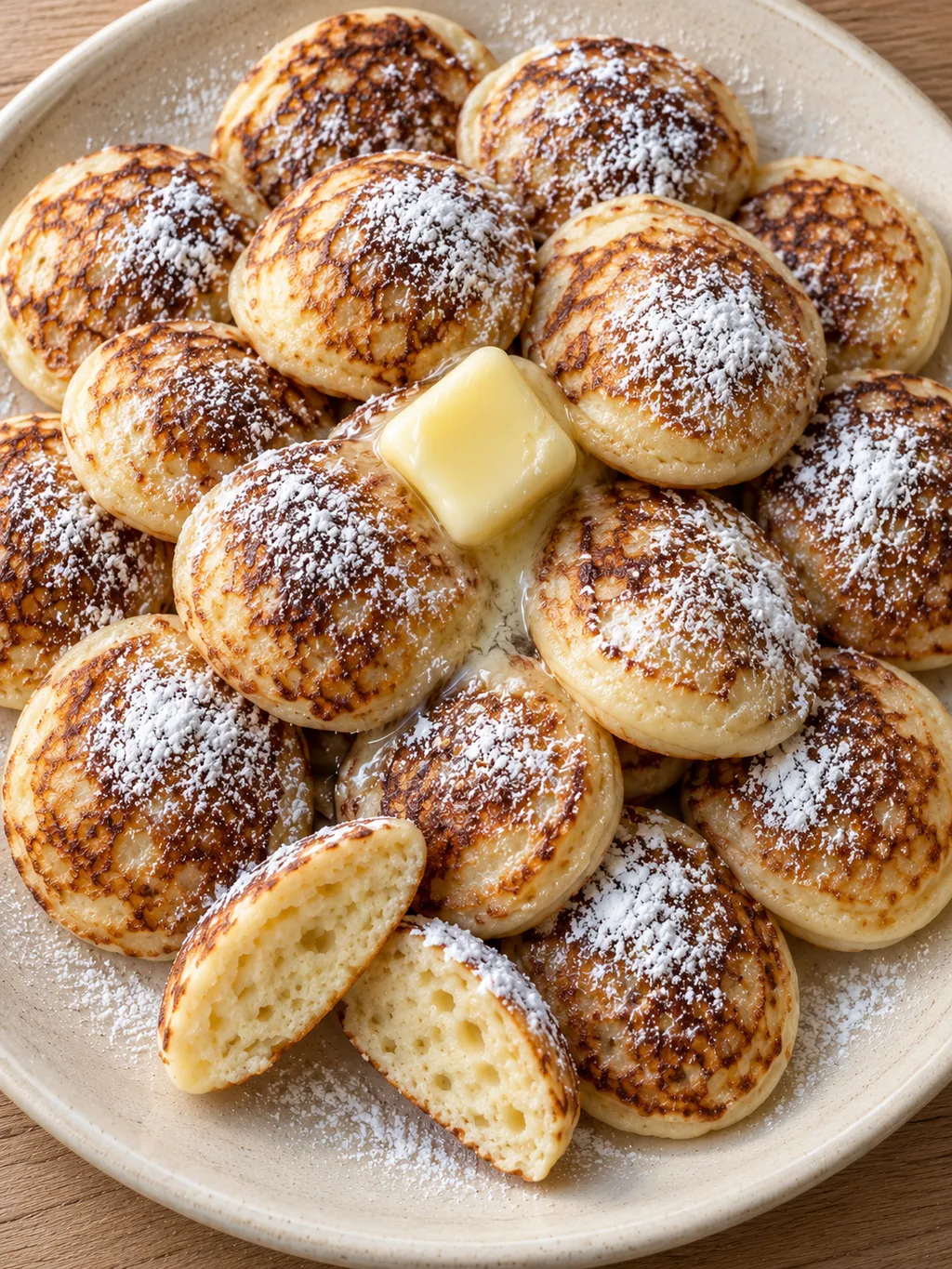 Poffertjes met goudbruine korstjes, smeltende roomboter en poedersuiker op een licht bord