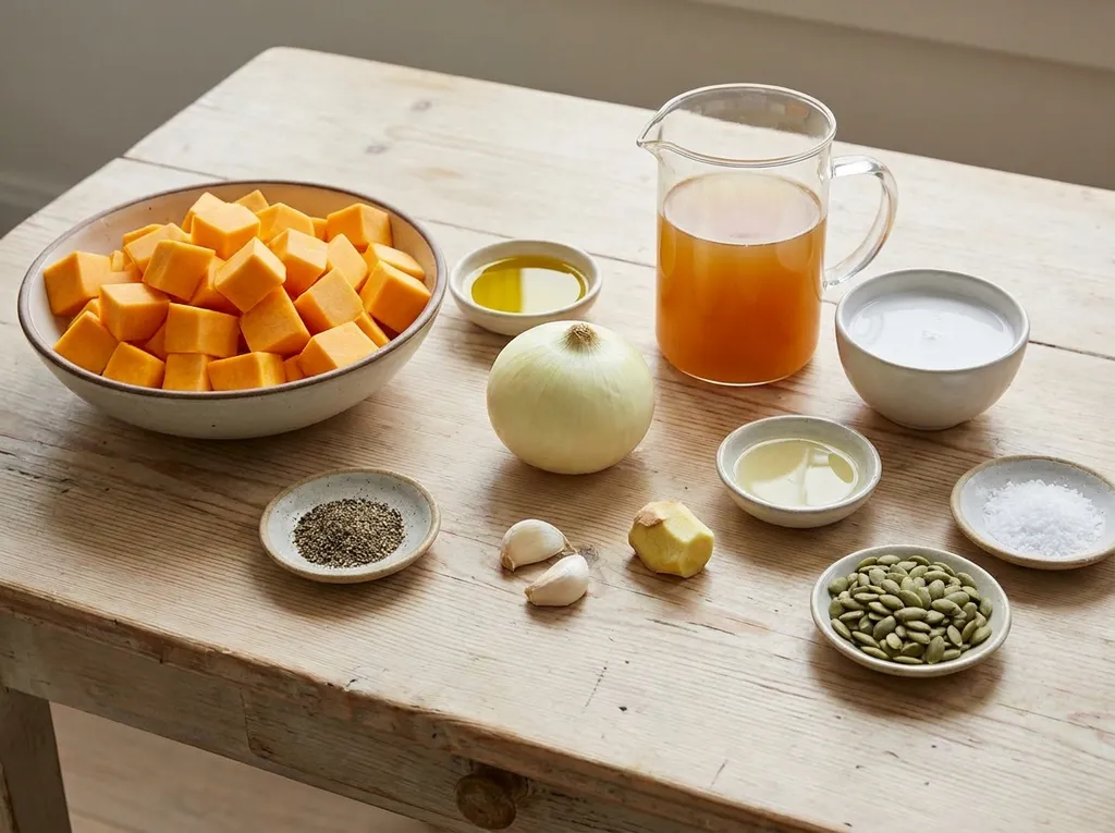 Flespompoen, ui, knoflook, gember, kokosmelk en overige ingrediënten voor pompoensoep
