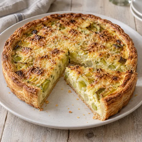 Preitaart met oude kaas, goudbruine bladerdeegrand en een uitgesneden punt