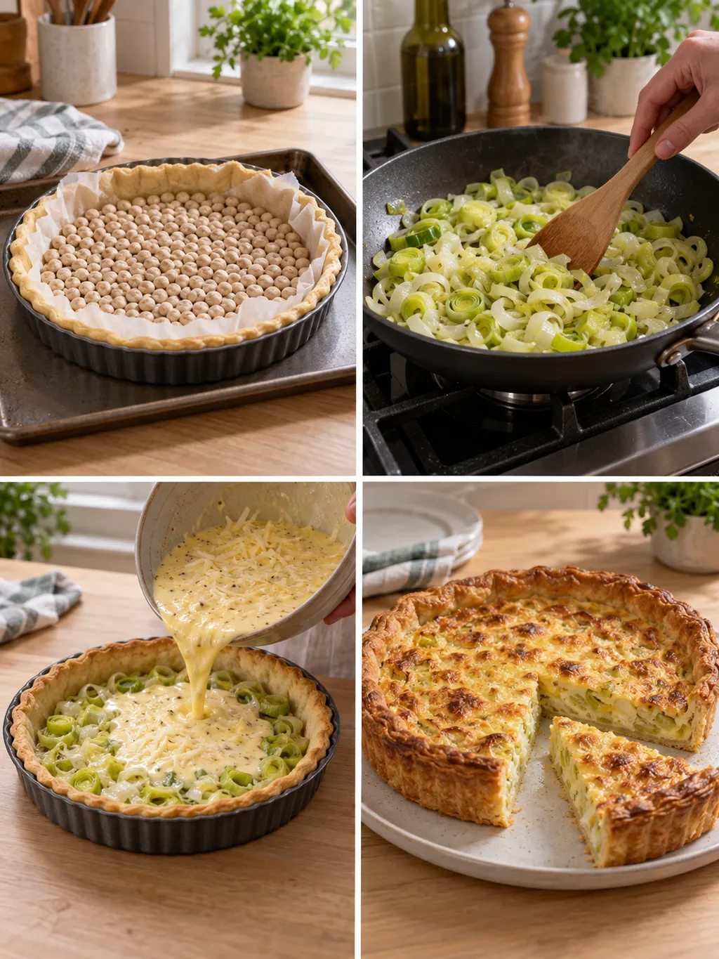 Voorbakken van de bodem, bakken van prei, vullen en serveren van preitaart