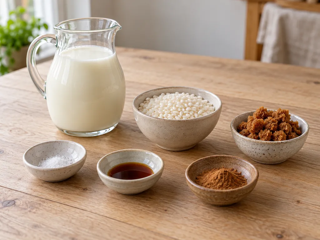 Melk, dessertrijst, zout, vanille, bruine basterdsuiker en kaneel voor rijstebrij