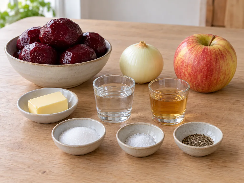 Gekookte bieten, appel, ui, boter, appelazijn en overige ingrediënten op licht hout
