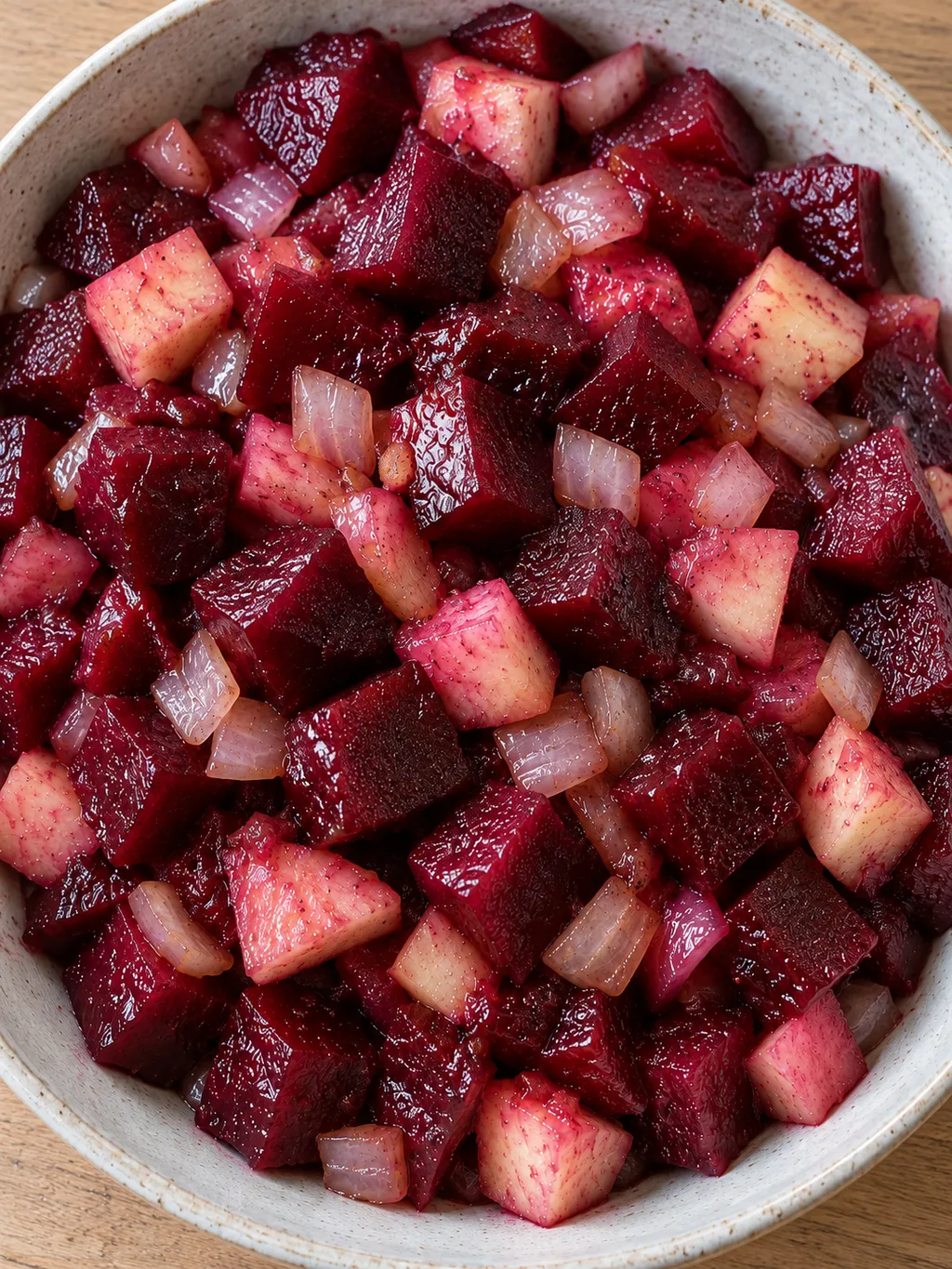 Dieprode bietenblokjes met roze appel en glazige ui in een ondiepe schaal