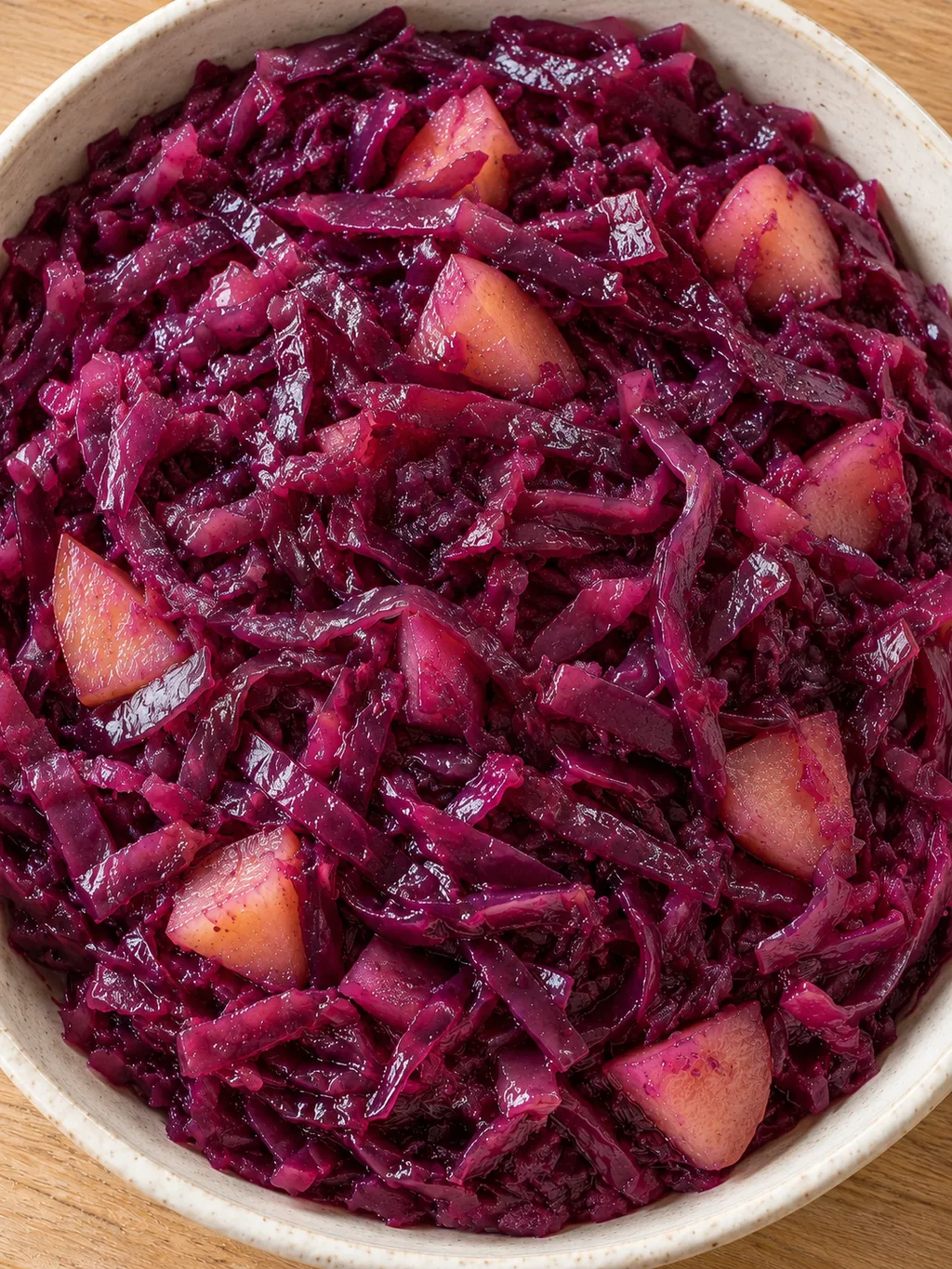 Zachte rodekoolreepjes met roze appelstukjes en een lichte boterglans