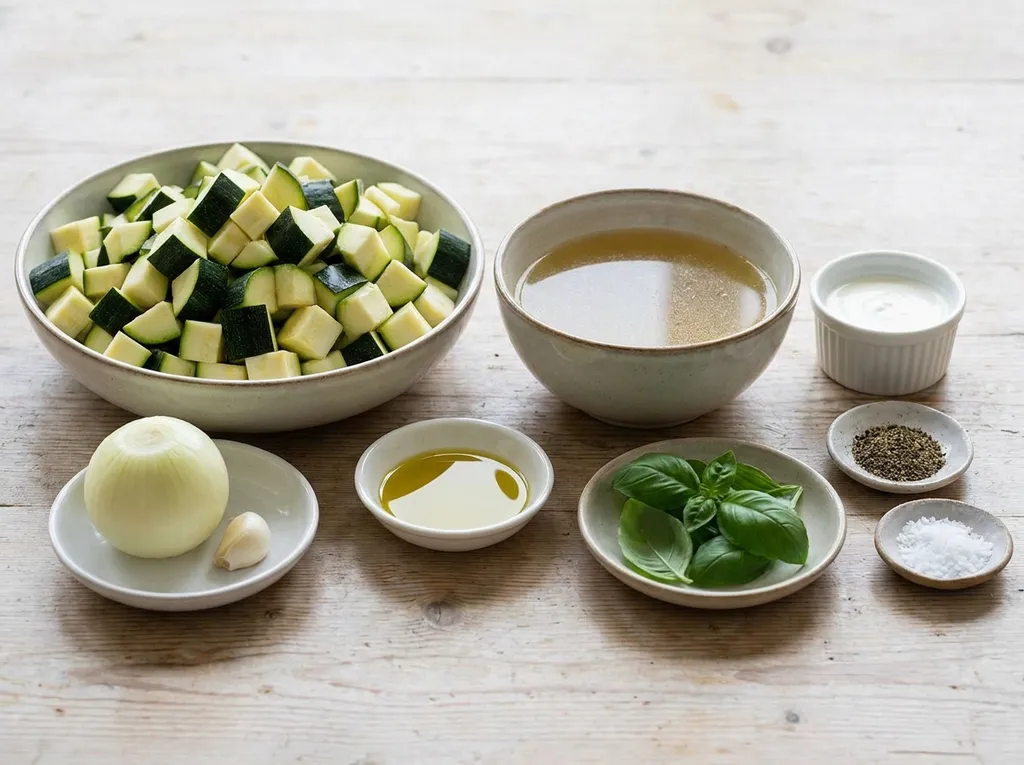 Courgette, ui, knoflook, bouillon, room, basilicum, olie, peper en zout voor soep