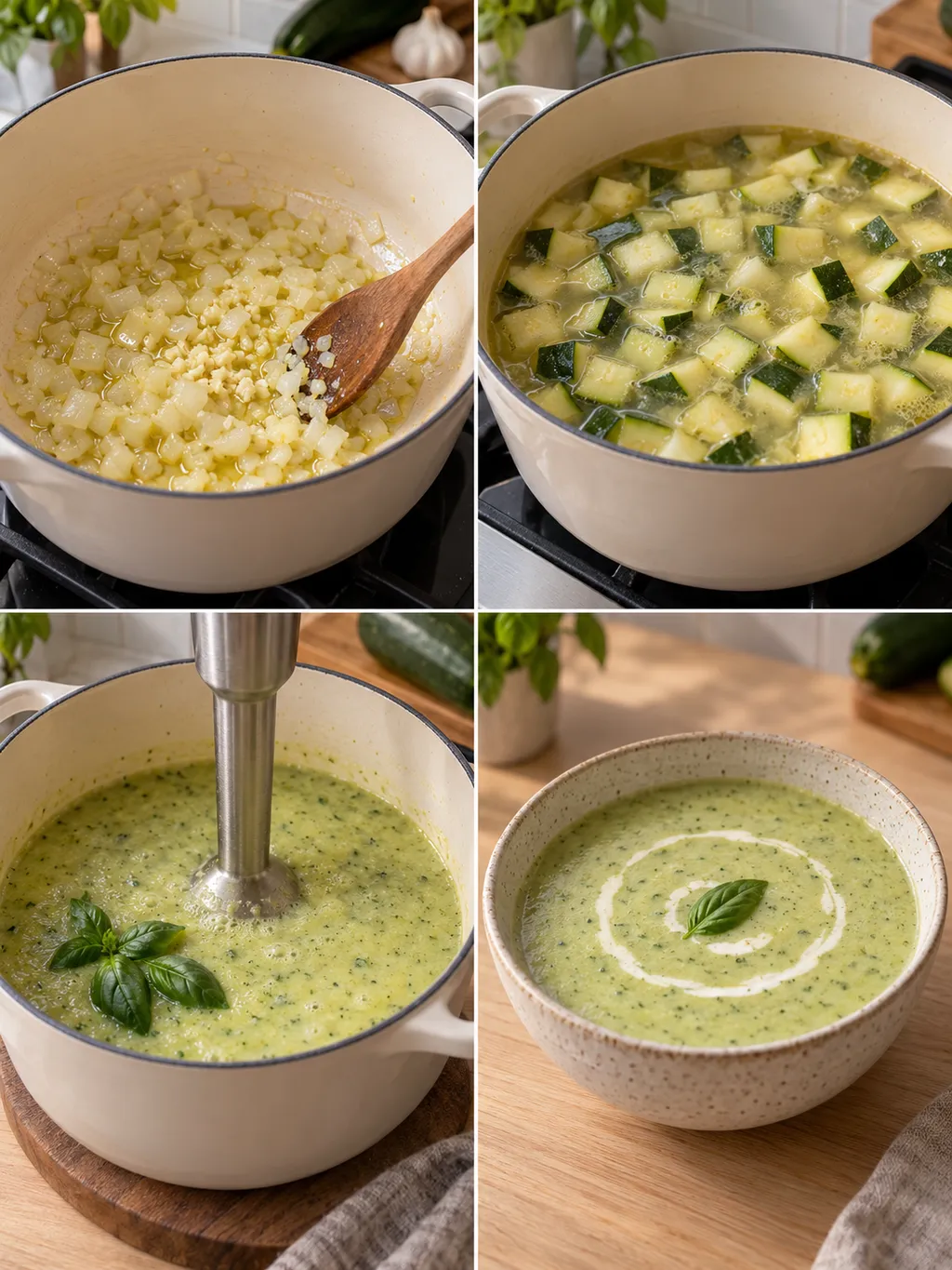 Ui fruiten, courgette koken, soep pureren en courgettesoep serveren met room
