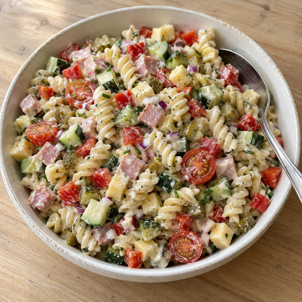 Romige fusillisalade met ham, jonge kaas, komkommer, paprika en bieslook
