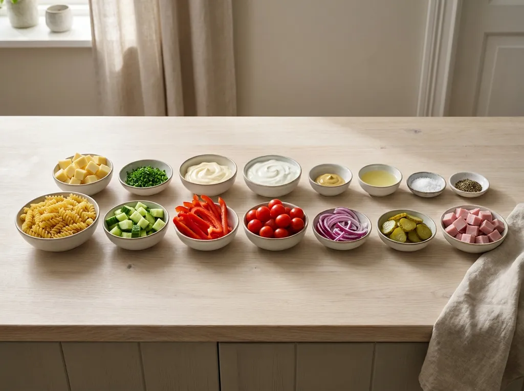 Fusilli, ham, kaas, groenten en ingrediënten voor mayonaise-yoghurtdressing