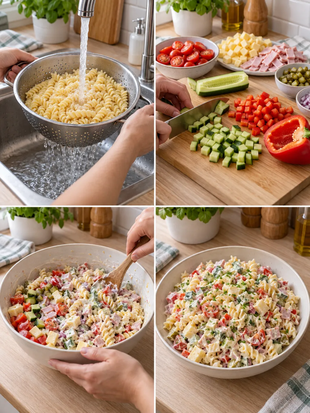 Bereiding van fusillisalade met groenten, ham, kaas en romige dressing