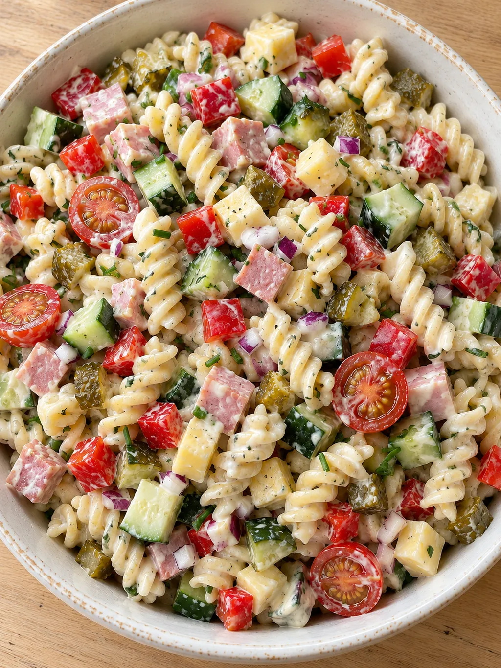 Romige pastasalade met fusilli, ham, kaas en kleurrijke groenten