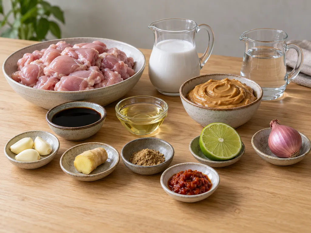 Kippendij, ketjap, pindakaas, kokosmelk en kruiden voor saté ajam