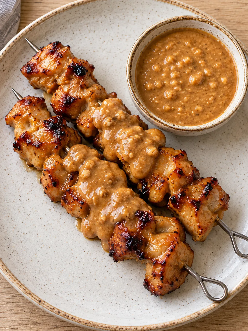 Kipspiesjes met ketjapbakrandjes en romige pindasaus