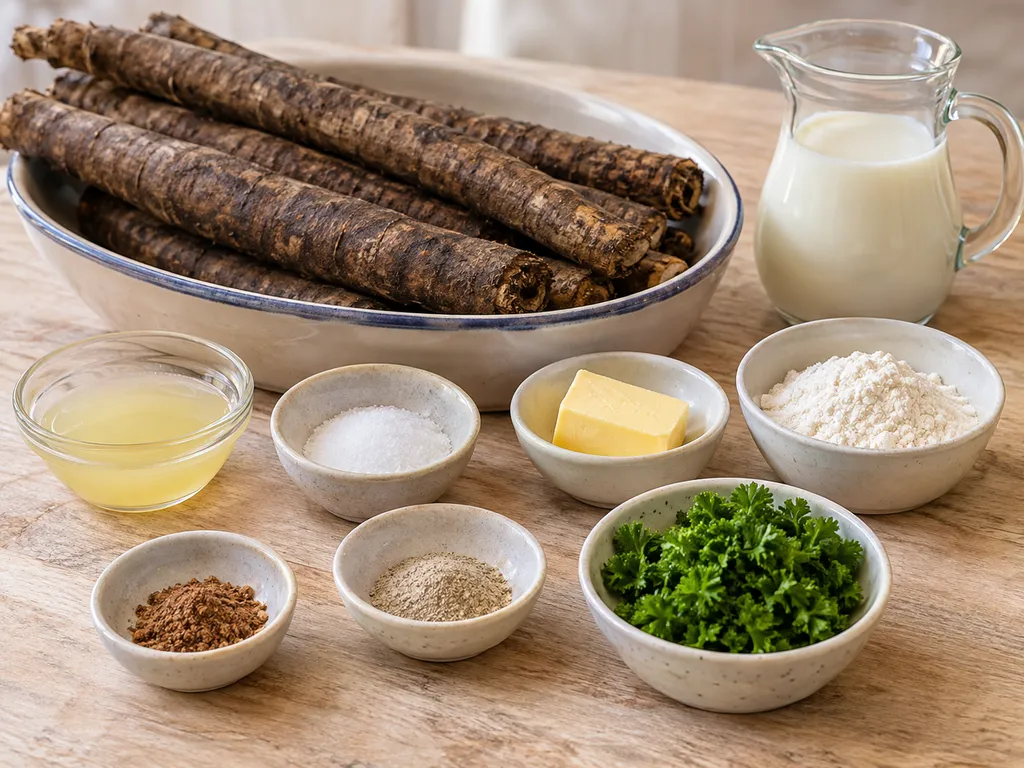 Schorseneren, boter, bloem, melk, citroensap en kruiden voor witte saus