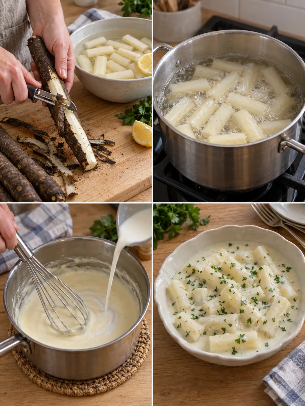 Schorseneren schillen, koken en mengen met witte saus, gevolgd door het bereide gerecht