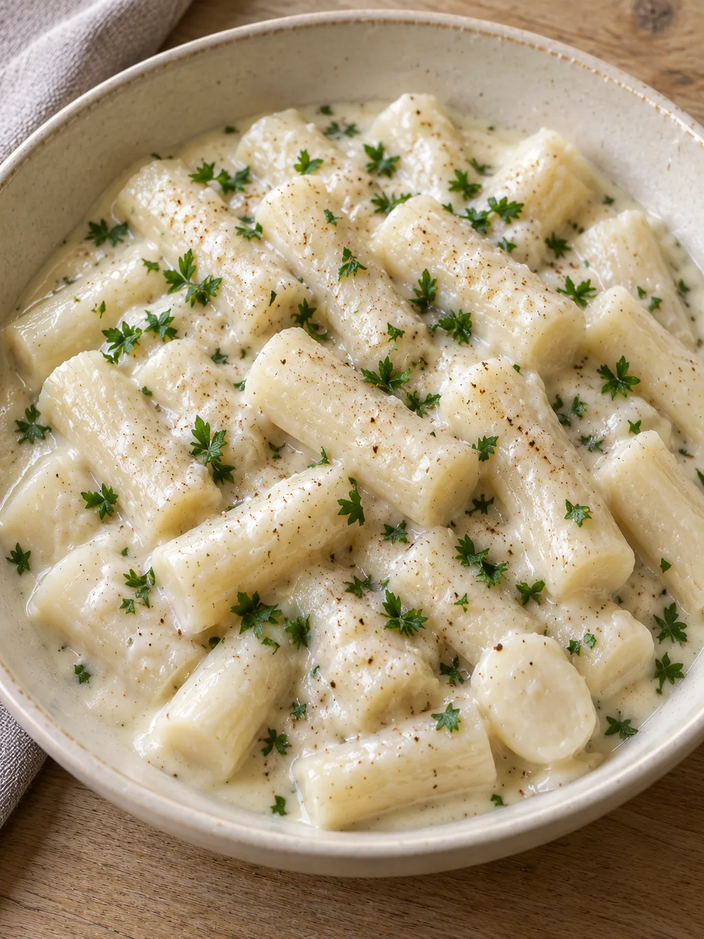 Zachte schorseneren met romige witte saus, nootmuskaat en peterselie