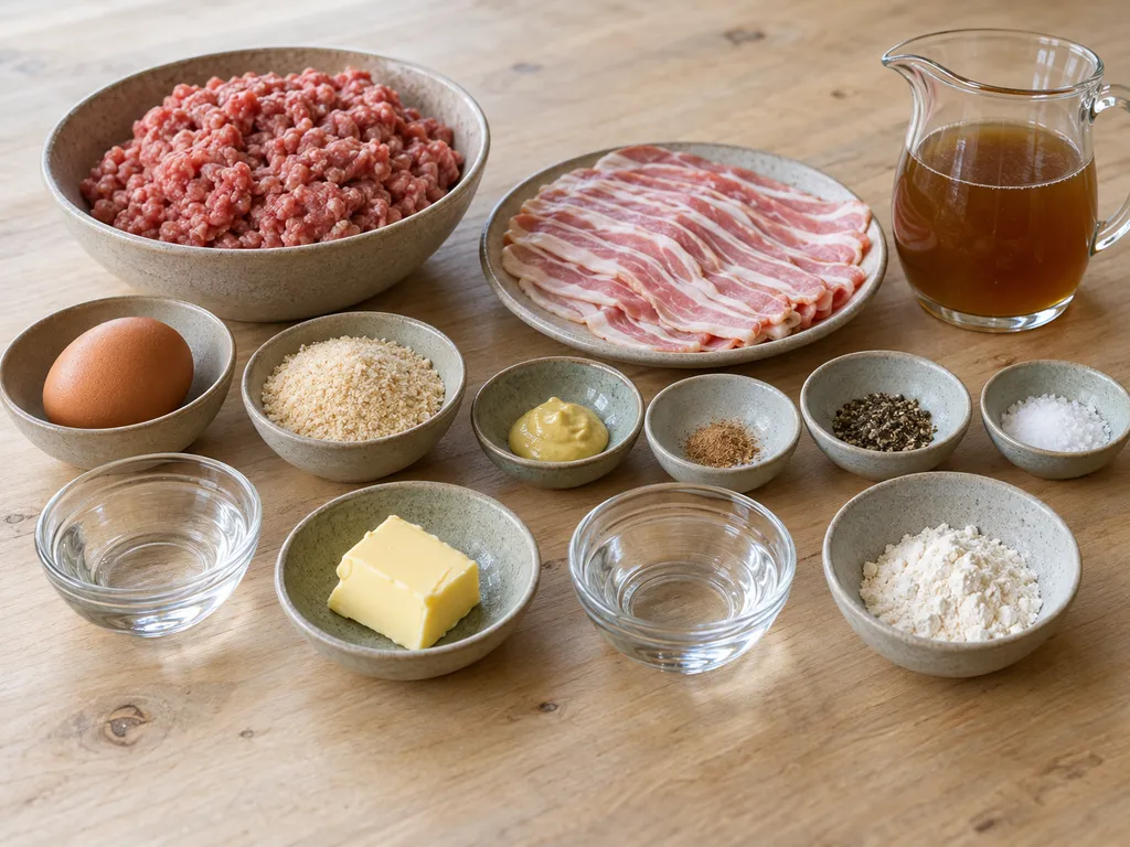 Gehakt, ontbijtspek, ei, paneermeel en overige ingrediënten voor slavinken met jus