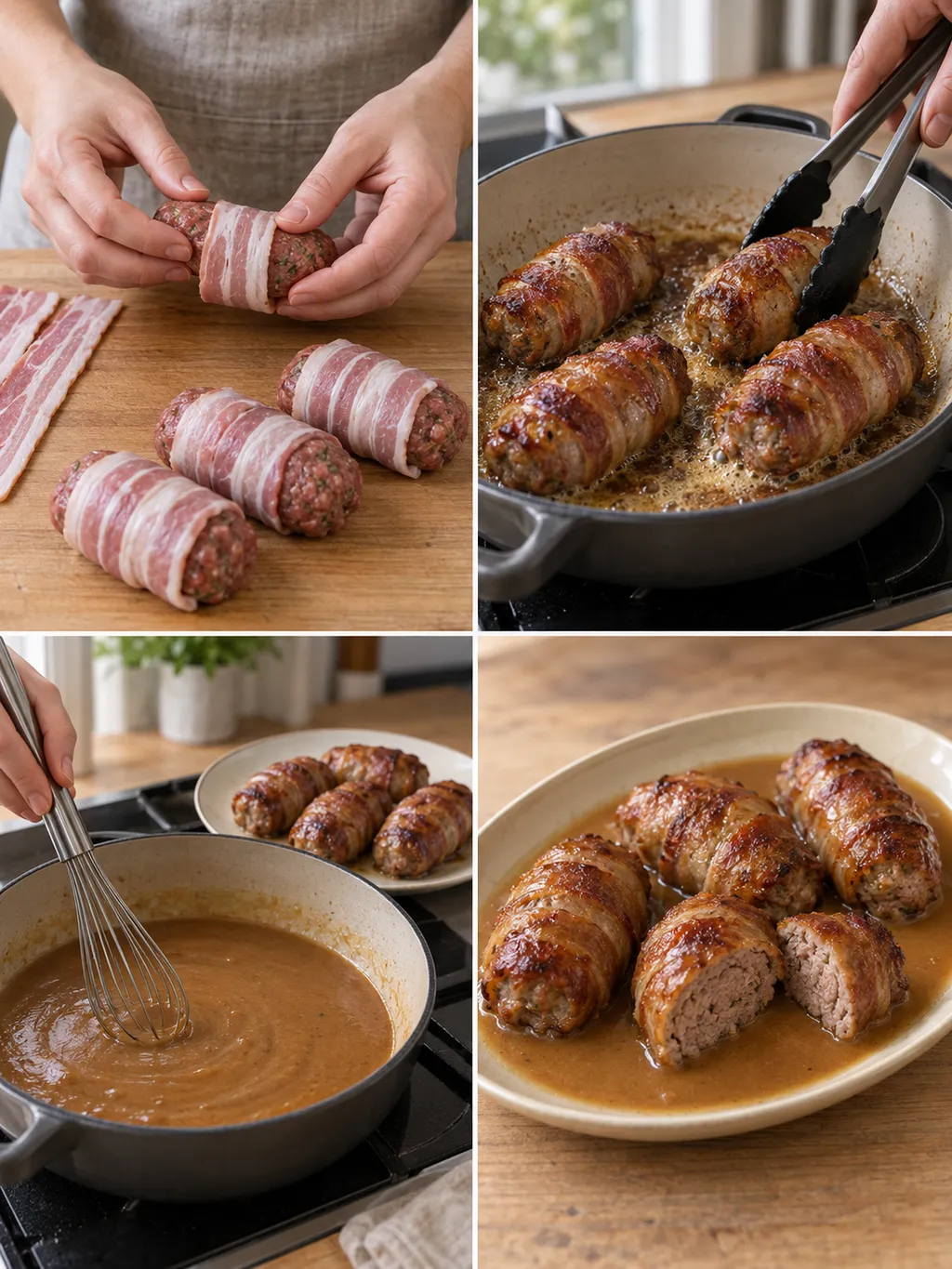 Slavinken vormen, bruin bakken, jus roeren en het gerecht klaar serveren