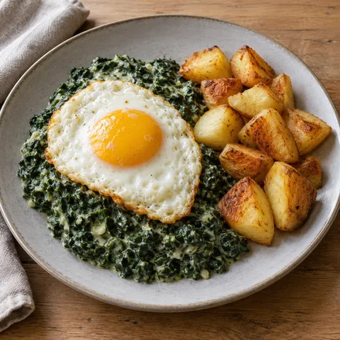Spinazie à la crème met een gebakken ei en goudbruine aardappeltjes