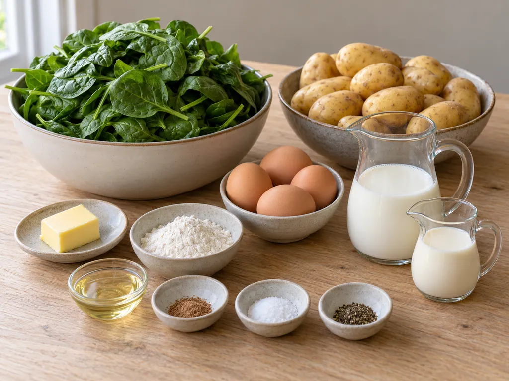 Spinazie, aardappelen, vier eieren, boter, bloem, melk, room, olie en specerijen