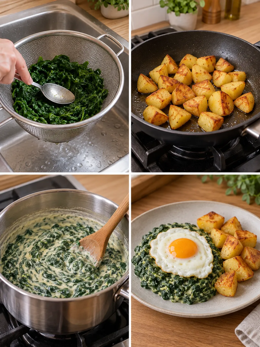 Spinazie uitlekken, aardappeltjes bakken, roomsaus mengen en de maaltijd serveren