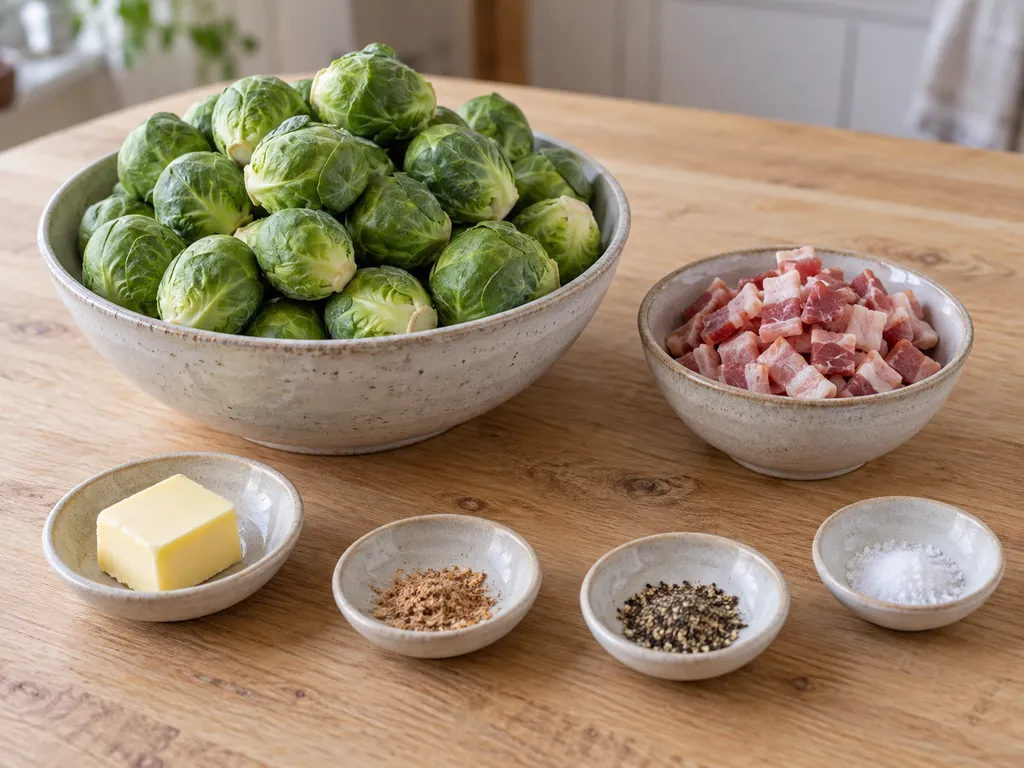Spruitjes, rauwe spekblokjes, boter, nootmuskaat, peper en zout in aparte schaaltjes