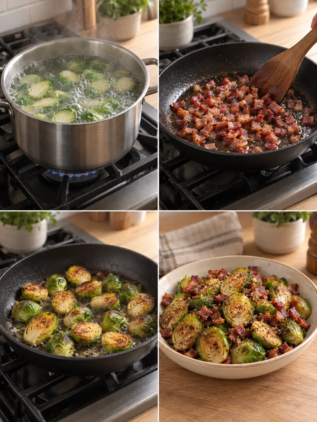 Spruitjes voorkoken, spekjes uitbakken, spruitjes bruinen en het gerecht serveren