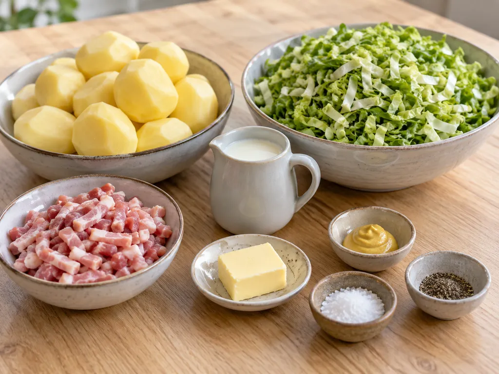 Aardappelen, rauwe andijvie, spekreepjes, melk, boter, mosterd, peper en zout