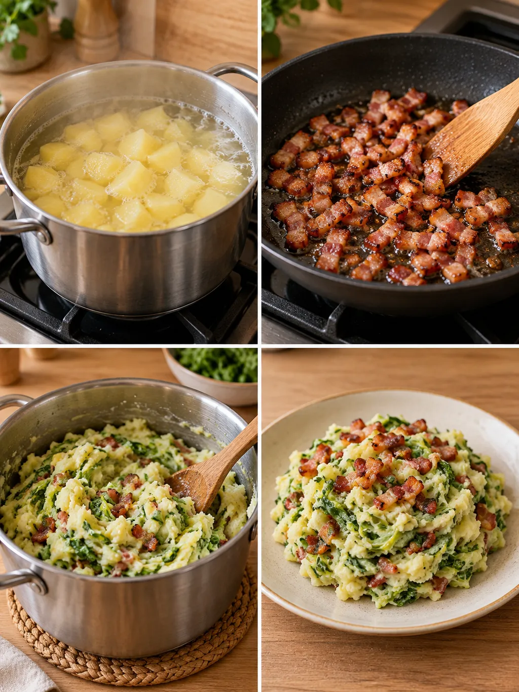 Aardappelen koken, spekjes bakken, andijvie mengen en de bereide stamppot