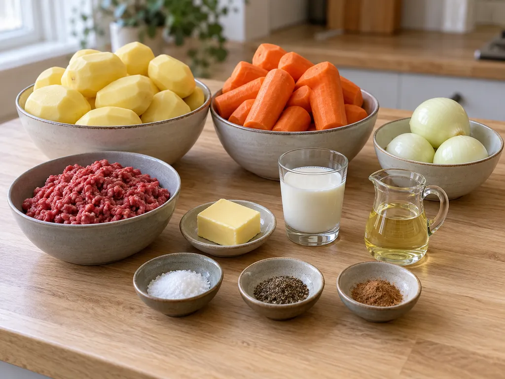 Aardappelen, wortel, ui, rundergehakt, melk, boter, olie en kruiden voor hutspot