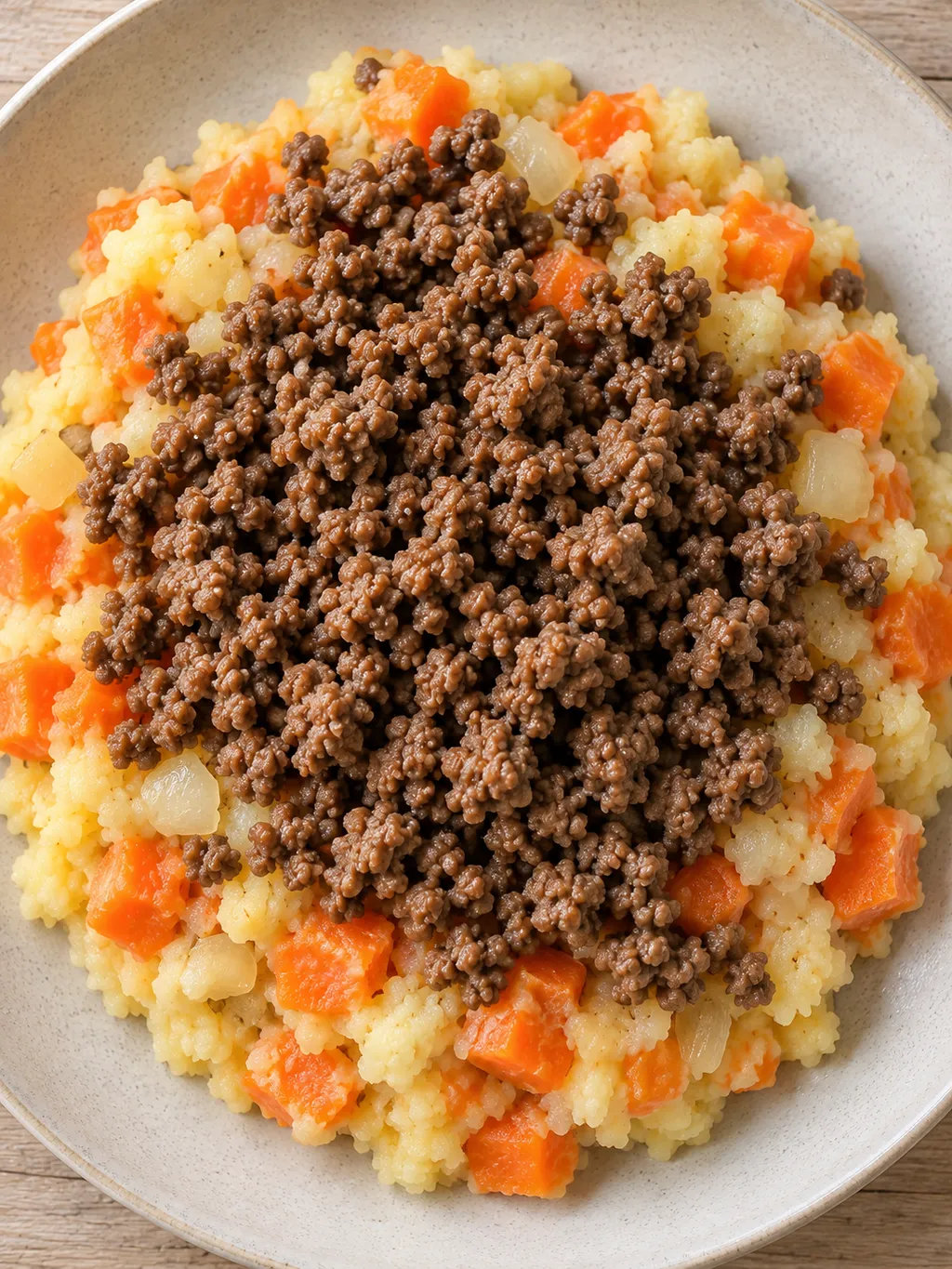 Grove hutspot met oranje wortelstukjes en een topping van bruin rul gehakt