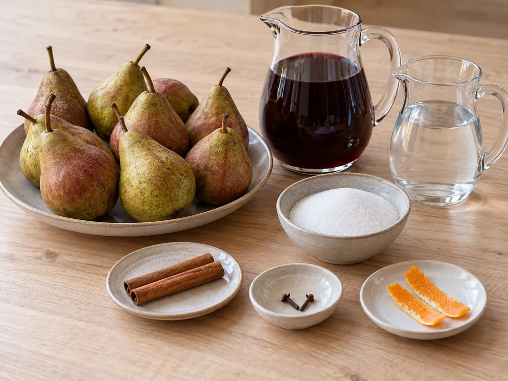Stoofperen, rode wijn, water, suiker, kaneel, kruidnagels en sinaasappelschil