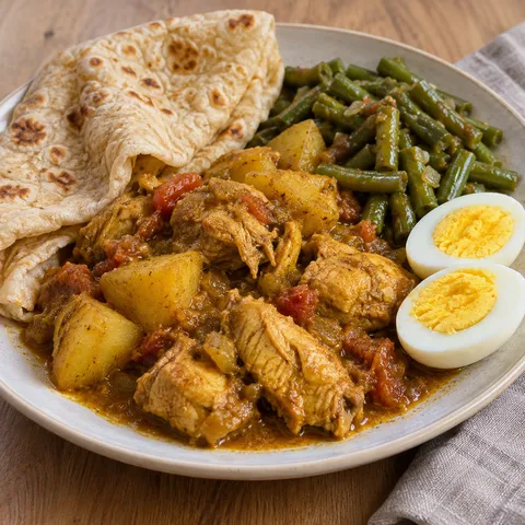 Surinaamse roti met kip, aardappel, kousenband en twee eihelften in masalasaus
