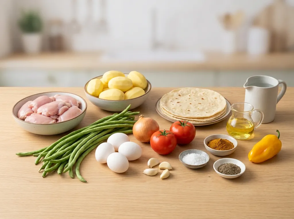 Kip, aardappelen, kousenband, eieren, masala en rotivellen klaar voor de bereiding