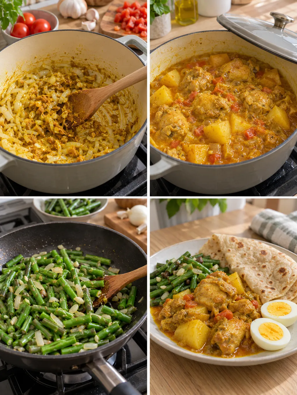 Masala bakken, kip met aardappel stoven, kousenband bereiden en de roti opscheppen