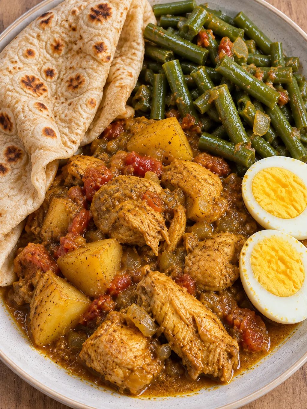 Roti met malse kip, gele aardappelen, groene kousenband en hardgekookt ei