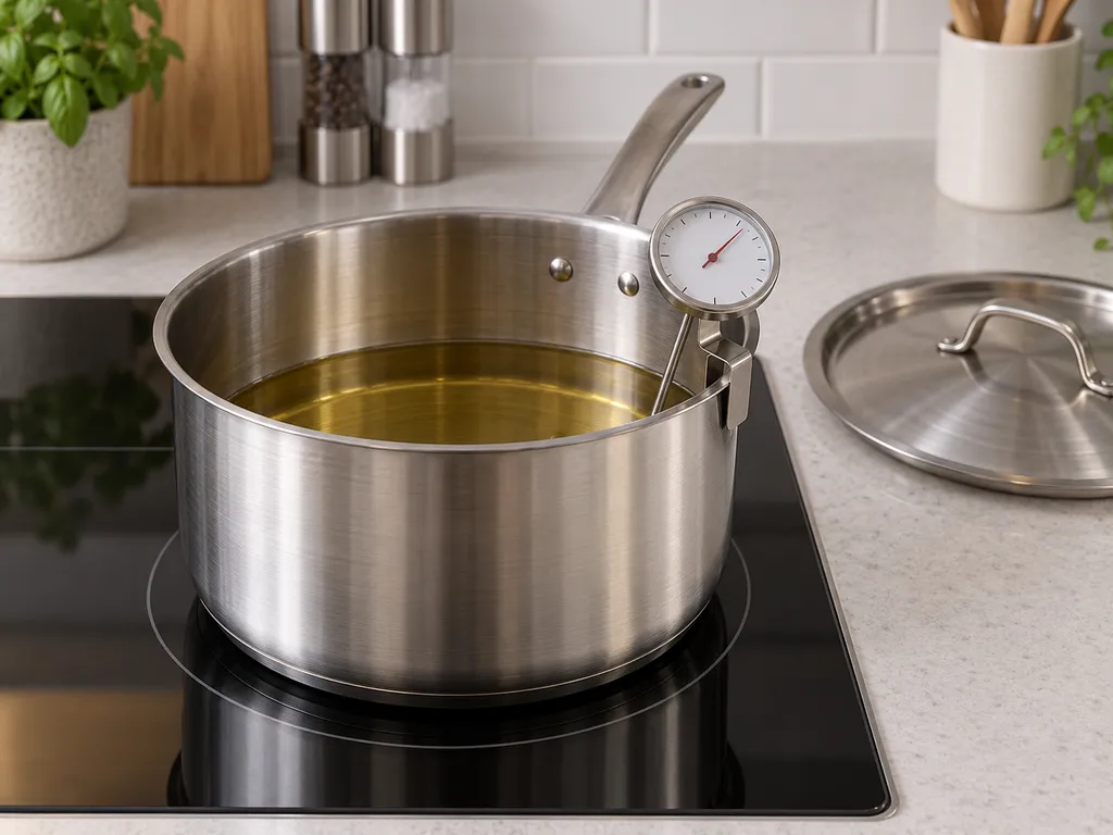 Illustratie van een frituurthermometer in een pan met een lage oliestand.